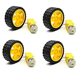 100RPM Dual Shaft BO Motor With 65mm Robot Wheel-Reinforced Rubber Wheel-Geared DC Motor-Smart Car Robot Geared Motor-Black And Yellow-Pack Of 4